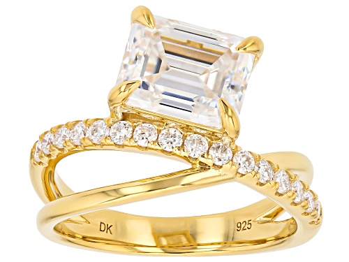 MOISSANITE FIRE® 2.84CTW DEW EMERALD CUT AND ROUND 14K YELLOW GOLD OVER SILVER RING - Size 10