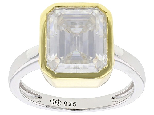 MOISSANITE FIRE® 4.93CT DEW EMERALD CUT PLATINEVE® AND 14K YELLOW GOLD OVER SILVER RING - Size 7