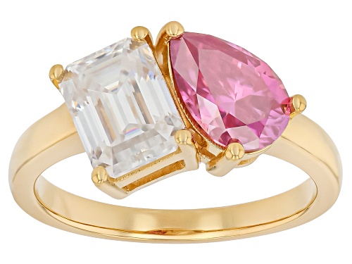 MOISSANITE FIRE® AND PINK MOISSANITE 3.25CTW DEW 14K YELLOW GOLD OVER SILVER RING - Size 8