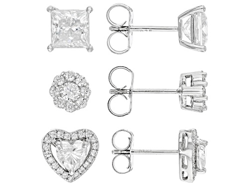 MOISSANITE FIRE® 4.40CTW DEW HEART SHAPE, PRINCESS CUT AND ROUND PLATINEVE® SET OF 3 PAIR STUDS