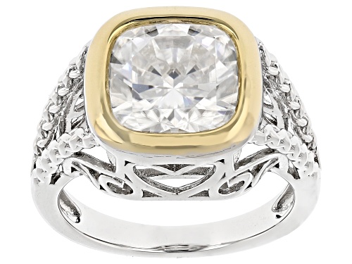 MOISSANITE FIRE® 5.02CT DEW CUSHION PLATINEVE® AND 14K YELLOW GOLD OVER SILVER RING - Size 7