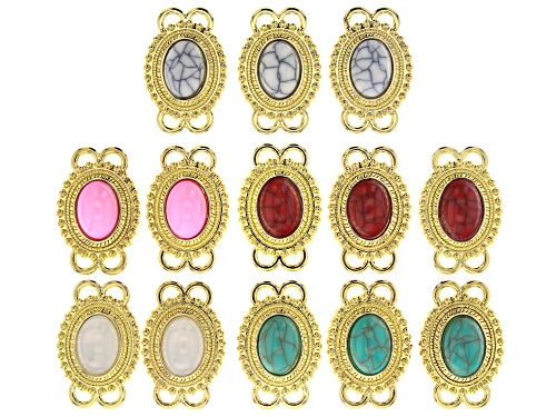 Photo of Multi Color Oval Glass Connectors in Gold Tone Set of 13