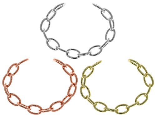 Gold, Silver, & Rose Gold Tone Large Oval Link Cuff Bracelet Set of 3