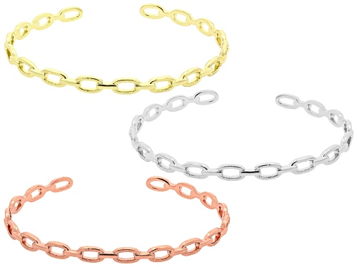 Gold, Silver, & Rose Gold Tone Small Oval Link Cuff Bracelet Set of 3
