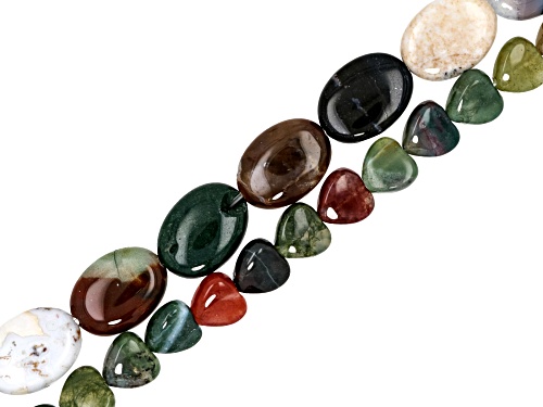 Indian Agate 8mm Heart & 14x11mm Oval Bead Strand Approximately 15-16" in Length Set of 2