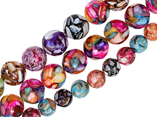 Multicolor Mosaic Shell 8mm & 14mm Round Bead Strand Approximately 15-16" in Length Set of 3