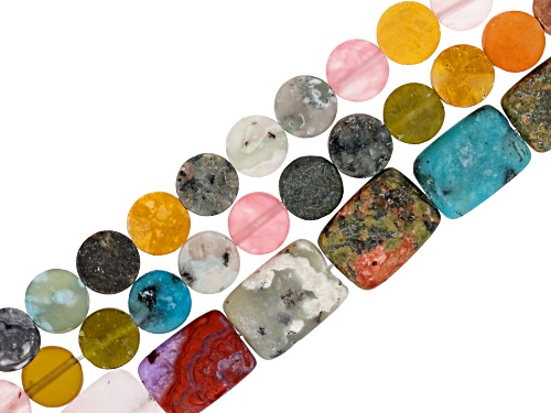 Matte Finish Multistone 8mm Coin and 10x14mm Rectangular Bead Strand Set of 3