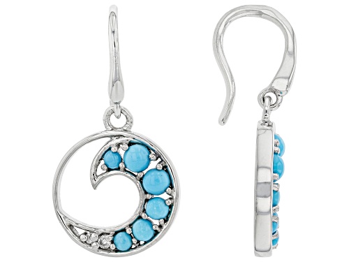 Round Cabochon Sleeping Beauty Turquoise With 0.06ctw White Zircon Rhodium Over Silver Earrings