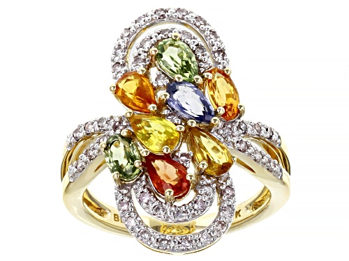 Photo of 1.33ctw Pear And 0.61ctw Oval Multi-Color Sapphire With 0.26ctw Diamond 10K Yellow Gold Ring - Size 6