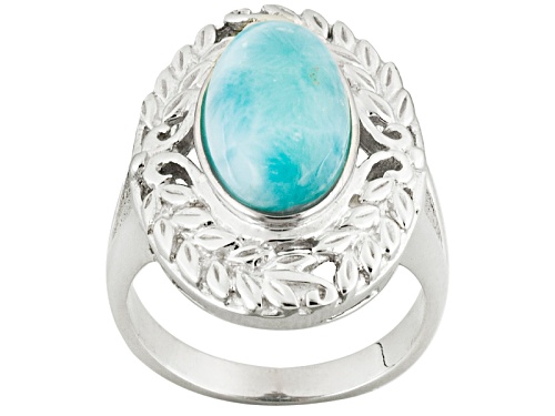 14x8mm Oval Cabochon Larimar Sterling Silver Solitaire Ring - Size 6