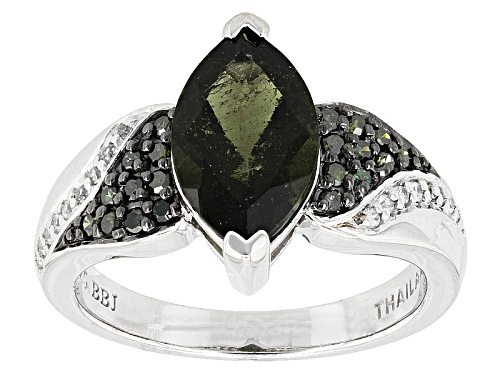 1.33ct Moldavite with .21ctw Green Diamond &  .11ctw White Zircon Rhodium Over Sterling Silver Ring - Size 10
