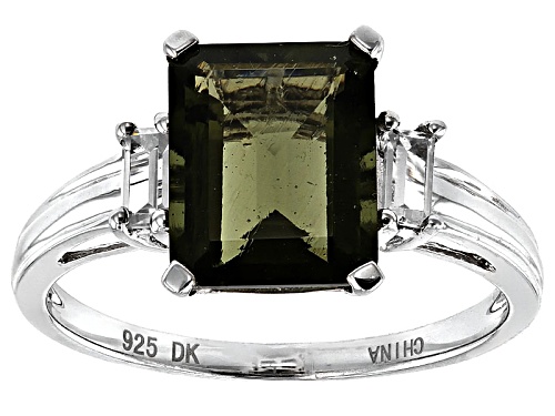 2.21ct Emerald Cut Moldavite With .30ctw Baguette White Zircon Sterling Silver Ring - Size 11
