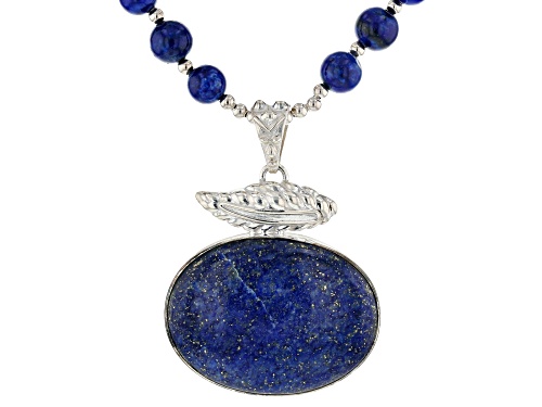 Photo of 8mm Round Strand With 40x30mm Oval Drop Lapis Lazuli Sterling Silver Bead Necklace - Size 20