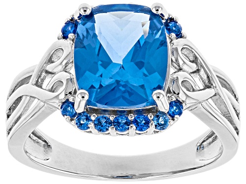 2.71ct Rectangular Cushion And .25ctw Round Lab Created Blue Spinel Rhodium Over Silver Ring - Size 8
