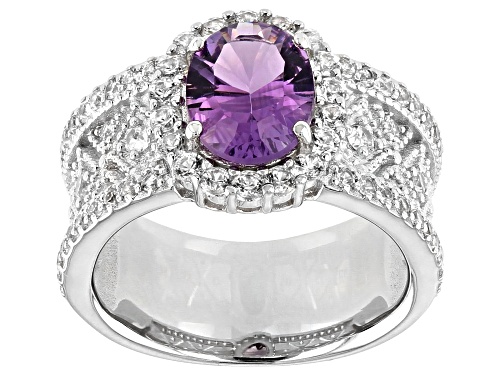 1.45ct Oval Brazilian Amethyst With 1.18ctw White Zircon Rhodium Over Sterling Silver Band Ring - Size 8