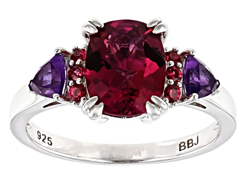 1.40ct Lab Created Bixbite with .34ctw African Amethyst & .07ctw Red Spinel Rhodium Over Silver Ring - Size 9