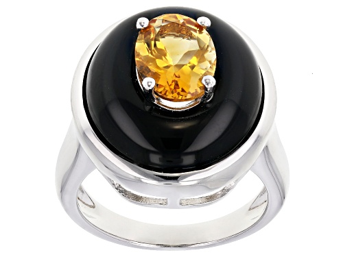 1.26ct Brazilian Citrine and 17x15.5mm Oval Black Onyx Rhodium Over Sterling Silver Ring - Size 7