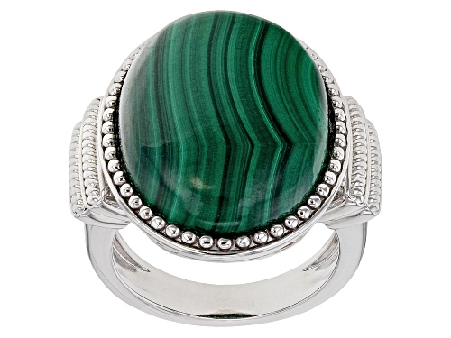 22X16mm oval malachite rhodium over sterling silver solitaire ring - Size 7