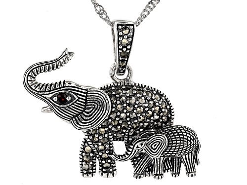 Round Marcasite & .04ct Vermelho Garnet(TM)  Silver Elephant Mother & Child Pendant With Chain