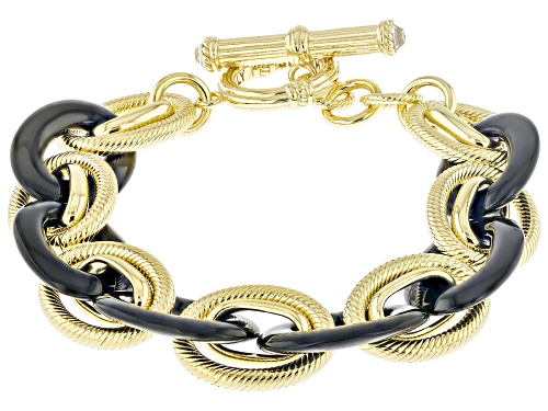 Judith Ripka Black Agate & Rock Crystal Quartz 14k Gold Clad Oval Link Verona Bracelet - Size 8