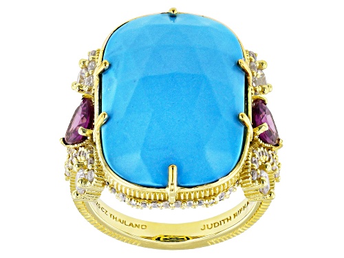 Judith Ripka Turquoise Simulant, 0.95ctw Rhodolite & 1.13ctw Bella Luce® 14k Gold Clad Allegria Ring - Size 7