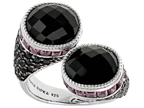 Judith Ripka Black Onyx White Quartz Doublet Rhodium Over Sterling Silver Aurora Bypass Ring - Size 6