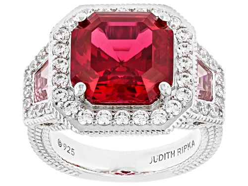 Judith Ripka 8.60ct Asscher Cut Lab Ruby Rhodium Over Silver Celebration Ring - Size 10