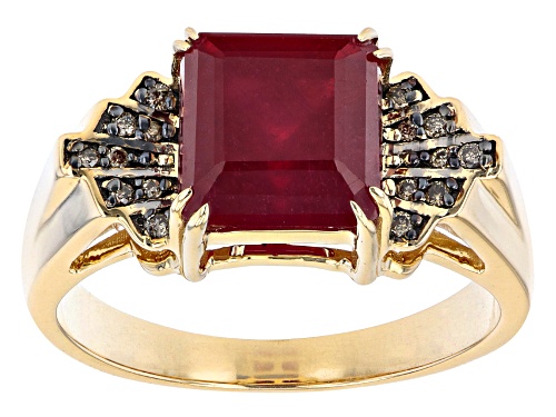 3.70ct Mahaleo Ruby(R) With 0.07ctw Round Champagne Diamond 10K Yellow Gold Ring - Size 7