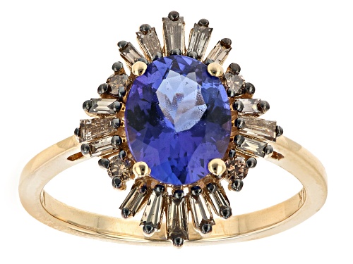 Photo of 1.53ct Oval Tanzanite With 0.46ctw Champagne Diamond 14K Yellow Gold Ring - Size 8