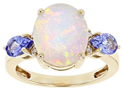 2.25ct Oval Ethiopian Opal With 0.65ctw Tanzanite And 0.03ctw Diamond Accent 10K Yellow Gold Ring - Size 9