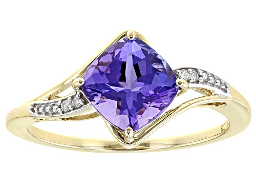 1.44ct Cushion Blue Tanzanite With 0.01ctw Round White Diamond 10K Yellow Gold Ring - Size 10