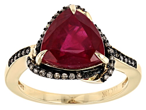 Photo of 3.68ct Trillion Mahaleo® Ruby With .18ctw  Champagne Diamond 10K Yellow Gold Ring - Size 8