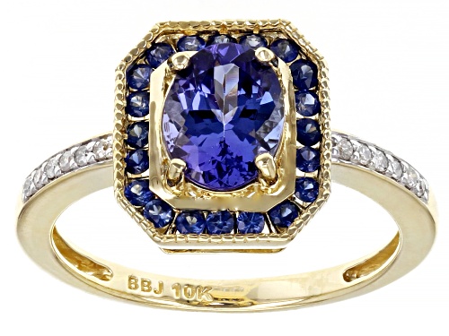 Photo of 1.00ct Oval Tanzanite With 0.30ctw Blue Sapphire And 0.06ctw Diamond Accent 10K Yellow Gold Ring - Size 6