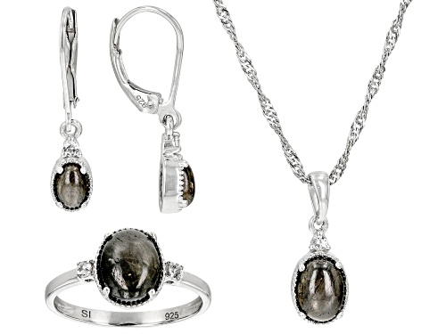 5.05ctw Silver Sheen Sapphire With .08ctw Lab White Sapphire Rhodium Over Silver Jewelry Set
