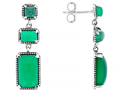 Photo of 12x7mm Rectangular and Square Octagonal Green Onyx Rhodium Over Sterling Silver Dangle Earrings