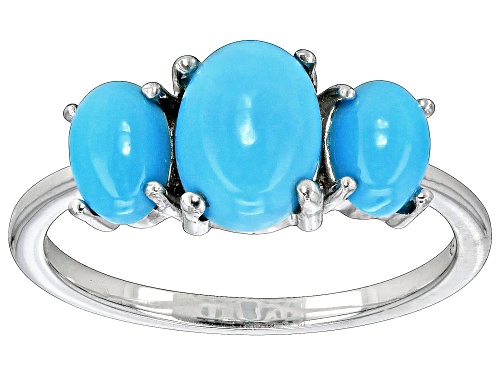 8x6mm and 6x4mm Oval Sleeping Beauty Turquoise Rhodium Over Sterling Silver 3-Stone Ring - Size 6