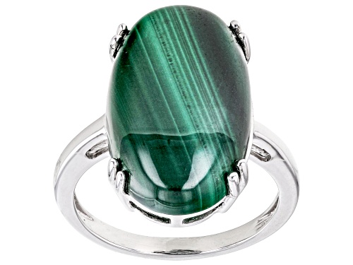 20x12mm Oval Malachite Rhodium Over Sterling Silver Solitaire Ring - Size 5