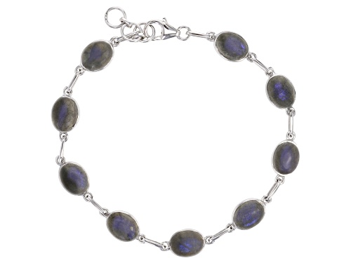 9x7mm Oval Labradorite Rhodium Over Sterling Silver Bracelet - Size 8