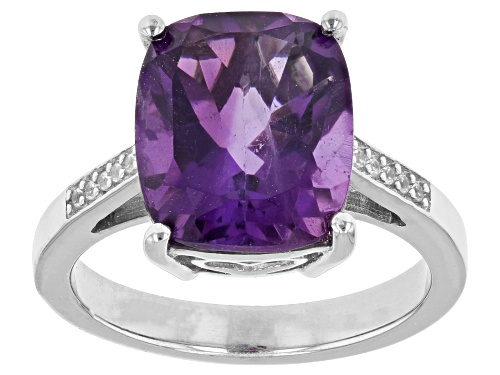 4.77ct Rectangular Cushion African Amethyst & .06ctw White Zircon Rhodium Over Sterling Silver Ring - Size 8