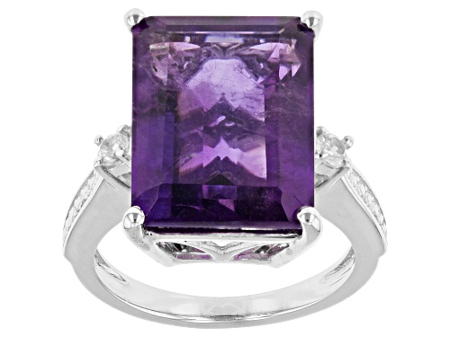 Photo of 9.94ct Rectangular Octagonal African Amethyst with 0.16ctw White Zircon Rhodium Over Silver Ring - Size 6