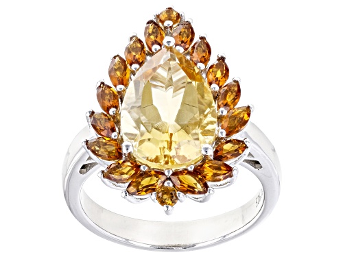 2.55ct Pear Shape Citrine With 1.14ctw Mixed Shape Madeira Citrine Rhodium Over Sterling Silver Ring - Size 7