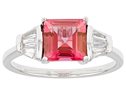 1.90ct Square Pink Topaz With .42ctw Baguette White Zircon Rhodium Over Sterling Silver Ring - Size 9