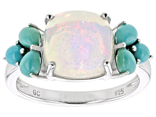 10mm Cushion Ethiopian Opal With Kingman Turquoise Rhodium Over Sterling Silver Ring - Size 6