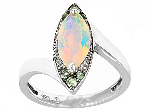 .80ct Marquise Ethiopian Opal With .14ctw Round Tsavorite Rhodium Over Sterling Silver Ring - Size 7