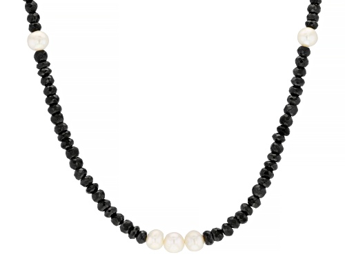 Photo of Rondelle Black Spinel With Round Cultured Freshwater Pearl Rhodium Over Sterling Silver Necklace - Size 18