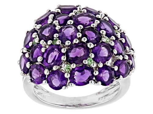 Photo of 6.38ctw Mixed Shapes African Amethyst With 0.07ctw Tsavorite Rhodium Over Silver Dome Ring - Size 6