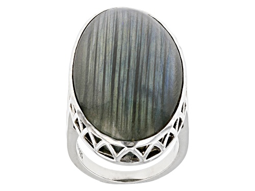35x18mm Oval Cabochon Labradorite Rhodium Over Sterling Silver Ring - Size 6
