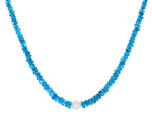 Rondelle Neon Apatite with Cultured Freshwater Pearl Rhodium Over Silver Necklace - Size 18