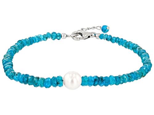 Neon Apatite with Cultured Freshwater Pearl Rhodium Over Silver Bracelet - Size 8