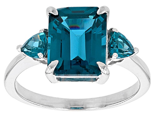 3.60ct Rectangular Octagonal & 0.50ctw Trillion Lab Created Teal Spinel Rhodium Over Silver Ring - Size 9